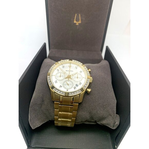 Bulova Men's Watch 98E113 Quartz Chronograph Diamond Slver Dial Gold Steel 42mm - Picture 3 of 15